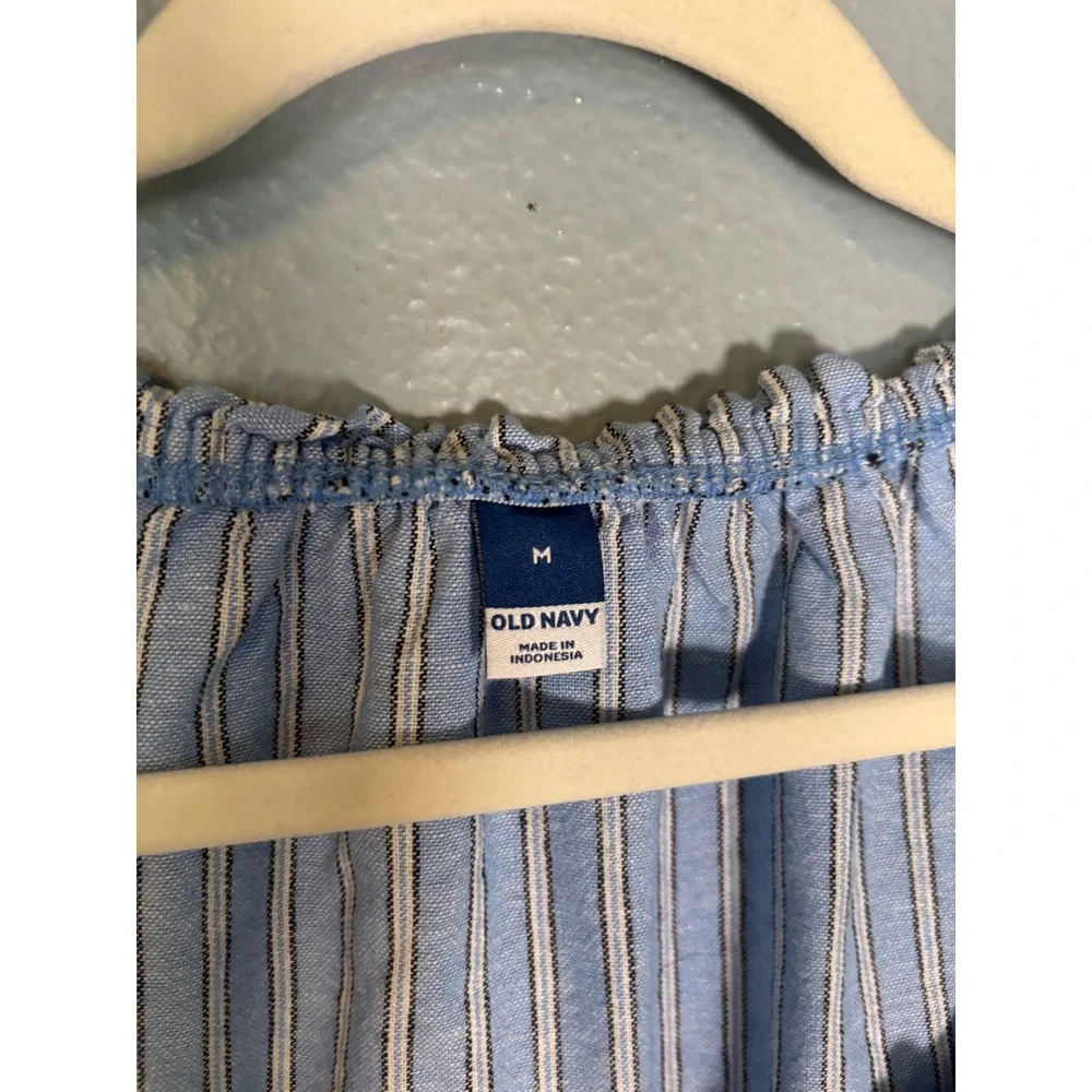 Old Navy Blue White Striped Linen Blend Ruffle Neck Puff Sleeve Top Medium